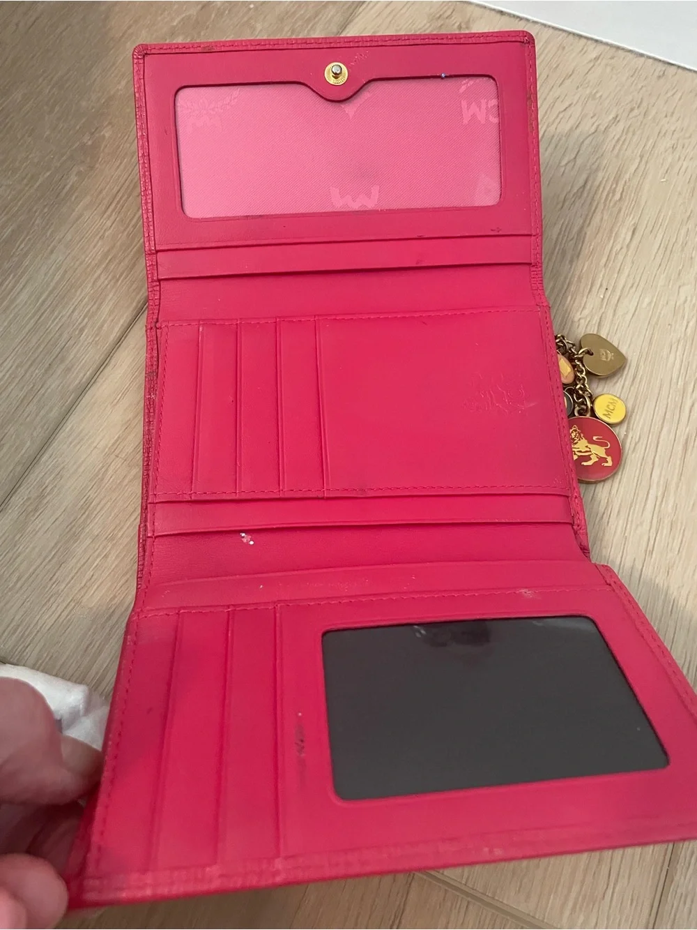 MCM Pink Leather Continental Wallet with Charm Accents & Gold Hardware”
